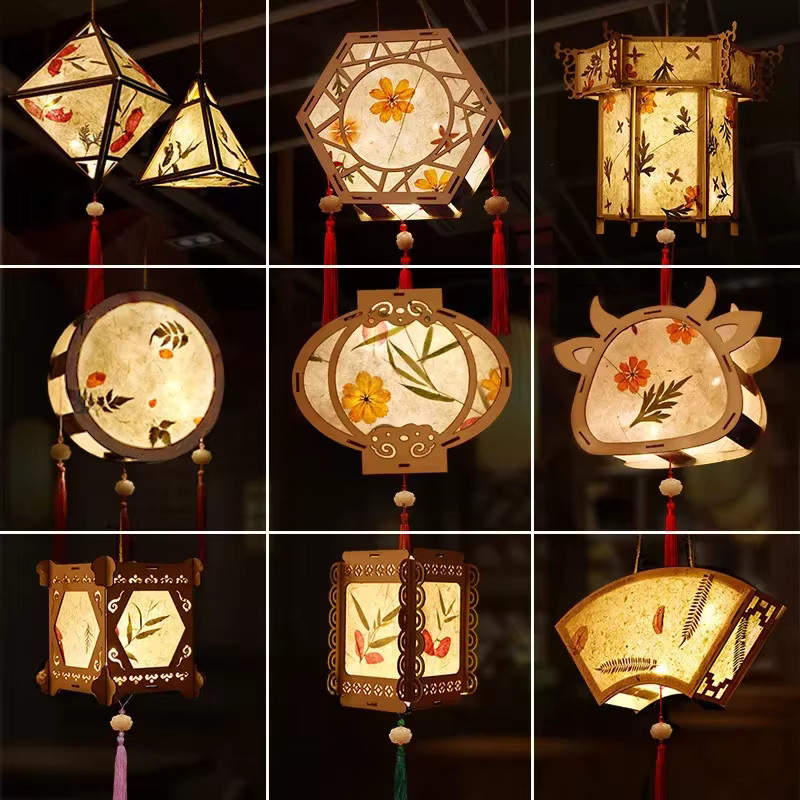 Chinesische DIY-Palastlaterne im Retro-Stil aus Papier und Holz, tragbare Blüten-Lichtlampe in Braun und Multicolour mit warmweißem Licht - Bild 1