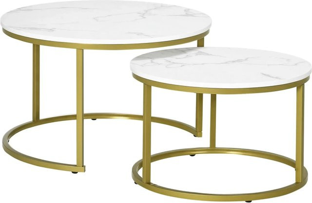 HOMCOM Couchtisch Set modern in Weiß und Gold aus Metall und MDF, rund, B: 74 cm, T: 74 cm, H: 46,3 cm - Bild 1