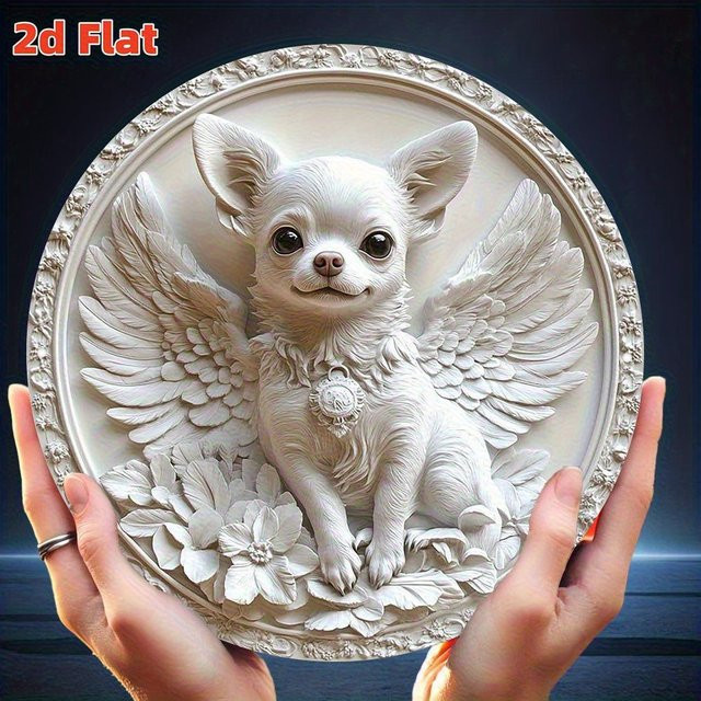 Potdemiel Angel Dog Relief Wall Art – Geflügelter Chihuahua als 2D Flat Hängeschild aus Aluminium, Weiß, Durchmesser: 19,79 cm - Bild 1