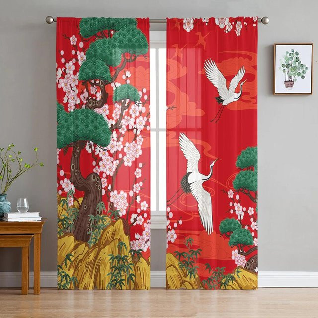 Yiran Furniture Transparenter Organza-Vorhang mit Japanischem Mount Fuji und Sakura-Blütenmuster, B: 135 cm, H: 160 cm - Bild 1
