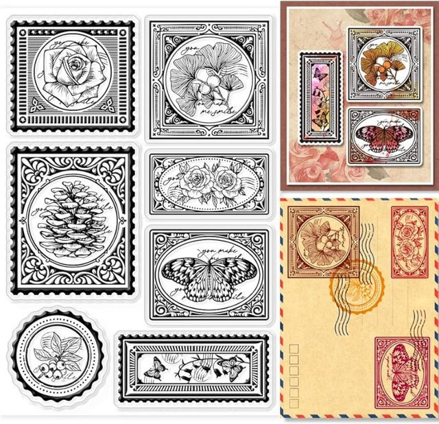 Vintage Silikonstempel Set mit Rose und Ginkgoblatt für die Kartenherstellung, transparent - Bild 1