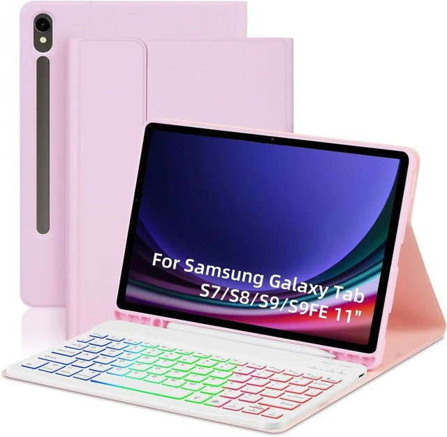 Kabellose Bluetooth Tastaturhülle für Samsung Galaxy Tab S7 S8 S9 S9 FE und Tab A8 X200 X205 in Rosa mit Hintergrundbeleuchtung und abnehmbarer Abdeckung - Bild 1