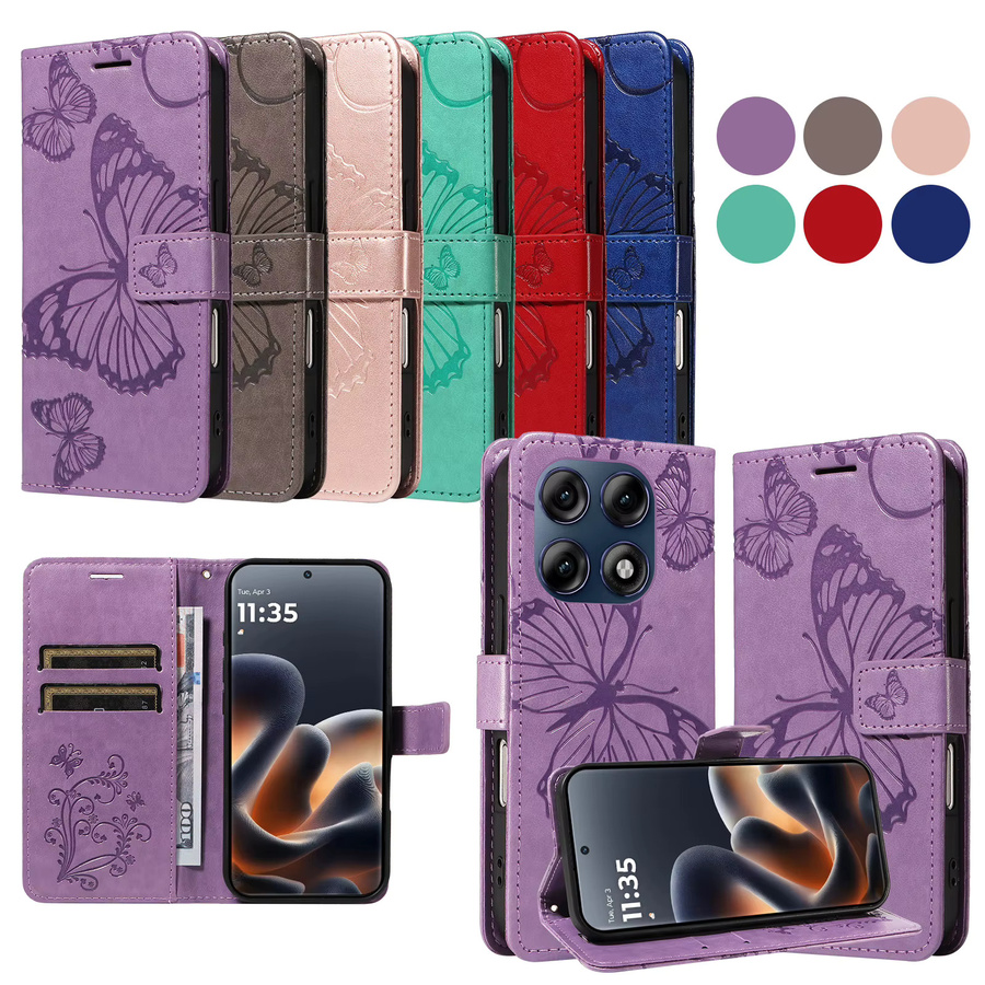 Leder-Brieftaschenhülle mit Schmetterlings-Prägedesign für Motorola Moto Edge 60 70 X70 Air G86 G56 G06 G67 Pro Fusion Power in Grau und Lila - Bild 4