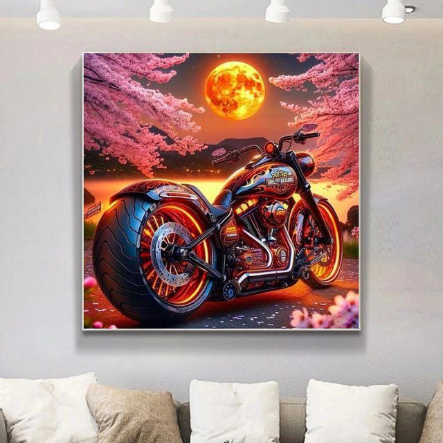 Potdemiel 5D DIY Diamantmalerei Motorrad und Blumen Landschaft als Kreuzstich Kunst Mosaik Wandkunst für Erwachsene - Bild 1