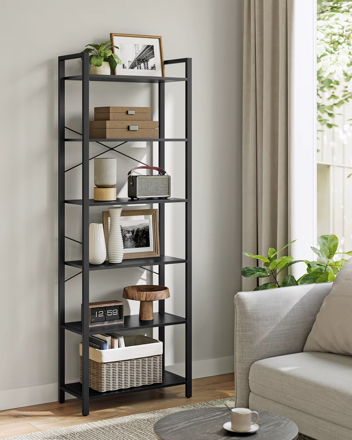 VASAGLE Bücherregal mit 6 Ebenen im Industrial Design, freistehendes Standregal mit Stahlrahmen in Schwarz Matt - Bild 2