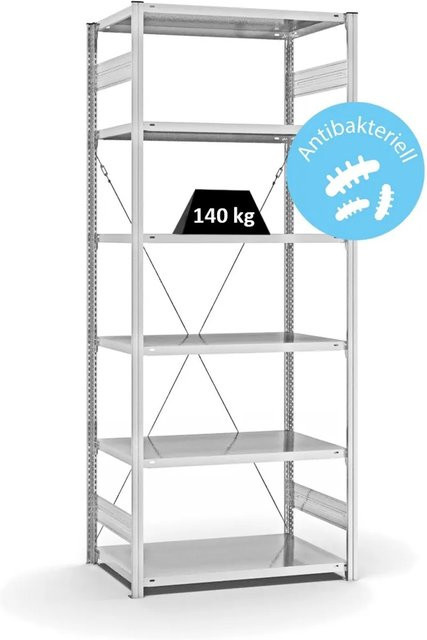 PROREGAL Antibakterielles Fachbodenregal Stecksystem T-Profil in Weiß mit 6 Ebenen, H x B x T: 250 x 100 x 60 cm - Bild 1