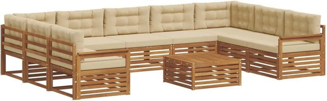 vidaXL Sofagarnitur aus Massivholz Akazie in U-Form, 10-teiliges Set in Natur und Beige mit wetterfesten, abnehmbaren Schaumstoffkissen - Bild 1