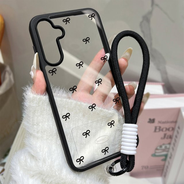 Schwarze Handyhülle mit Schleifen und Lanyard für Samsung Galaxy S26 Ultra, S25 Ultra, S24 FE, S23, A56 5G, A55, A54, A36, A17, A16, A07, A06 Case - Bild 1