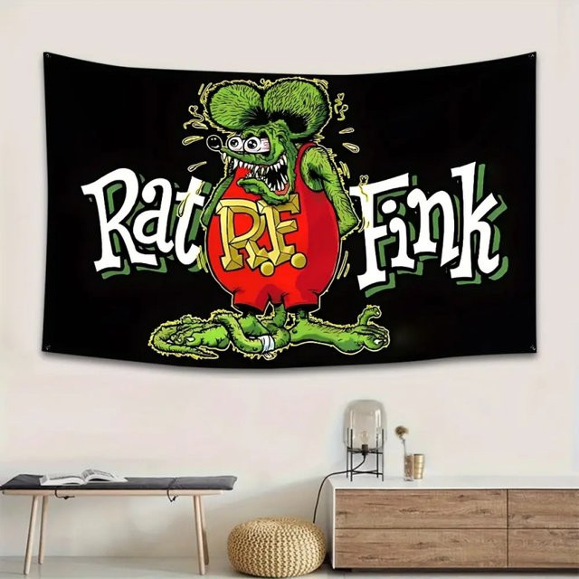 VIKAMA Retro Hot Rod Garagendekoration Wandteppich mit Mouse Fink Charakter, Mehrfarbig, B/H: 60 x 40 cm - Bild 1