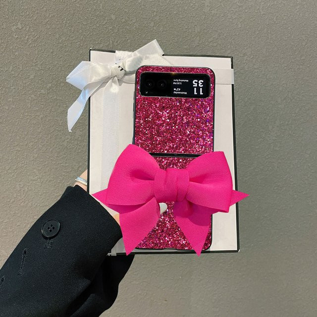 Modische Handyhülle für Motorola Razr 40 40Ultra mit Stoff-Schleife und glitzerndem Leder in Schwarz und Rosa - Bild 1