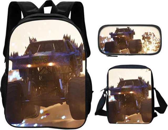 Monster Jam 3-teiliges Set aus Rucksack, Federmäppchen und Umhängetasche in Multicolour mit Cartoon-Aufdruck für die Schule - Bild 1