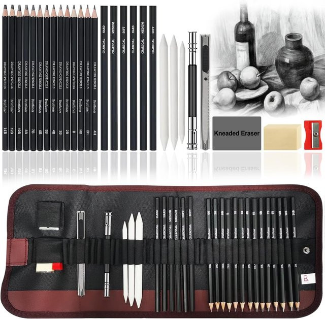 Professionelles Kunstzubehör-Set für Skizzen und Zeichnungen mit Graphit, Holzkohle und Mischstumpf in Schwarz - Bild 1