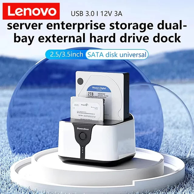 Lenovo 2-Bay HDD-Dockingstation mit Offline-Klonfunktion, USB 3.0 Adapter für 2,5 und 3,5 Zoll SATA SSD und HDD, Weiß - Bild 1