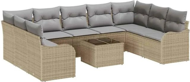vidaXL Garten-Sofa-Set 10-teilig aus Poly-Rattan in Beige und Grau mit Kissen und Tisch in U-Form - Bild 1