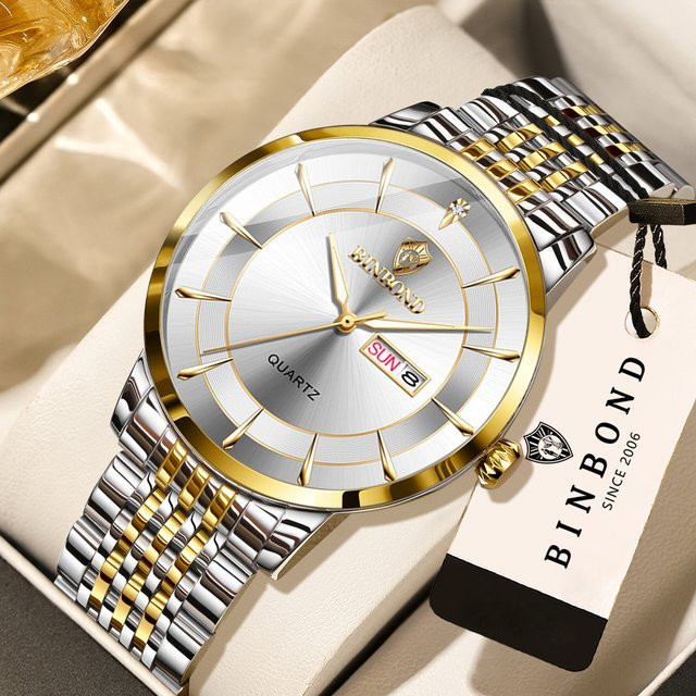 BINBOND Armbanduhr Quarz, Edelstahl, Bicolor, Datum, Wochentag, Herren - Bild 1
