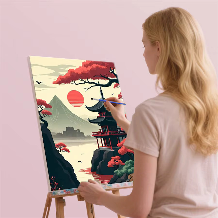 HUACAN Malen nach Zahlen Set Zen Pagode Sonnenuntergang Silhouette DIY Ölgemälde Landschaft Artcraft in Multicolor - Bild 4
