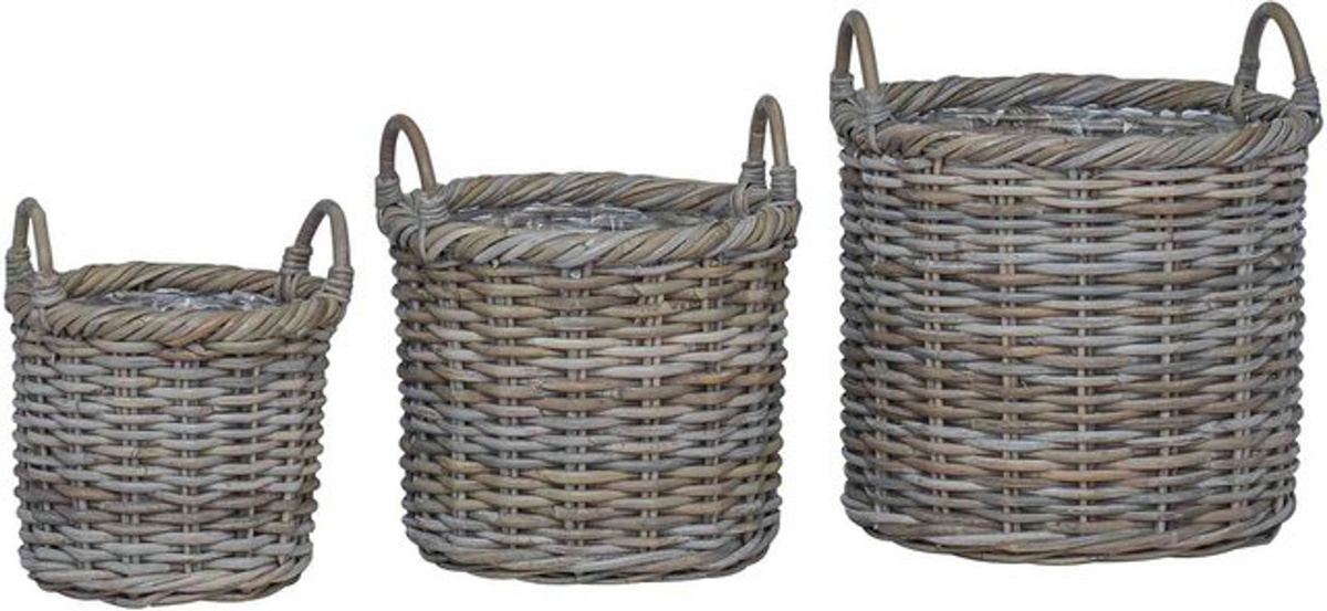 vidaXL Pflanzkorb-Set aus Rattan mit Stauraum, 3 Stück, Grau, Rund, Modern - Bild 1