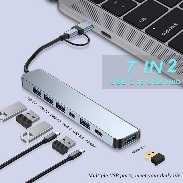Congdi 7-in-1 USB-C-Hub aus Aluminium in Silber mit 5 USB 3.0 und 2 USB-C Anschlüssen für MacBook, iPad und Laptop - Bild 1