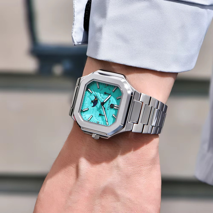 BENYAR Armbanduhr Quarz, Edelstahl, eckig, Blau, Herren - Bild 5