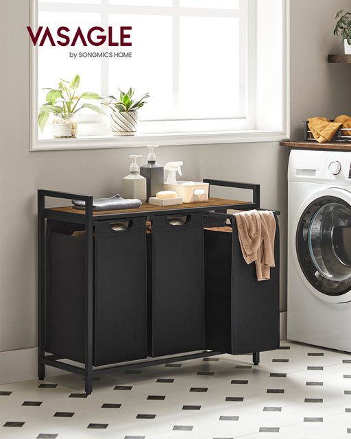 Vasagle Wäschesammler mit 3 Fächern und Ablage, Wäschekorb aus Oxford-Gewebe, Braun-Schwarz, B/T/H: 92,5 x 33 x 72 cm - Bild 3