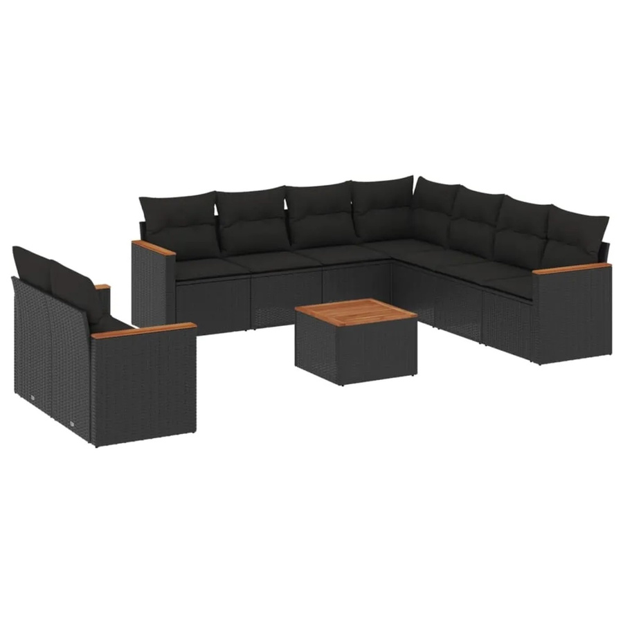 vidaXL 10-tlg Garten-Sofagarnitur in L-Form aus Polyrattan und Akazienholz mit Kissen in Schwarz - Bild 2