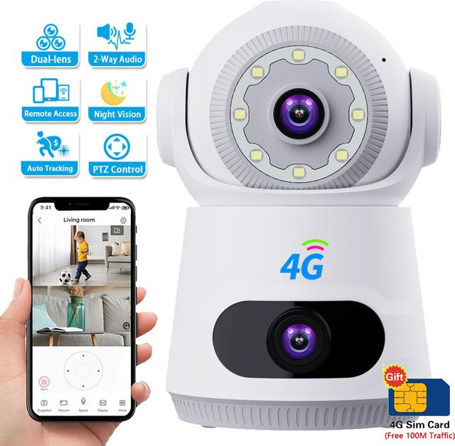 V380 4G-Kamera mit SIM-Karte, 8 MP 4K Dual-Objektiv mit Dual-Screen, Zwei-Wege-Audio, IP-Überwachungskamera für Heimsicherheit und Babyphone, Weiß - Bild 1