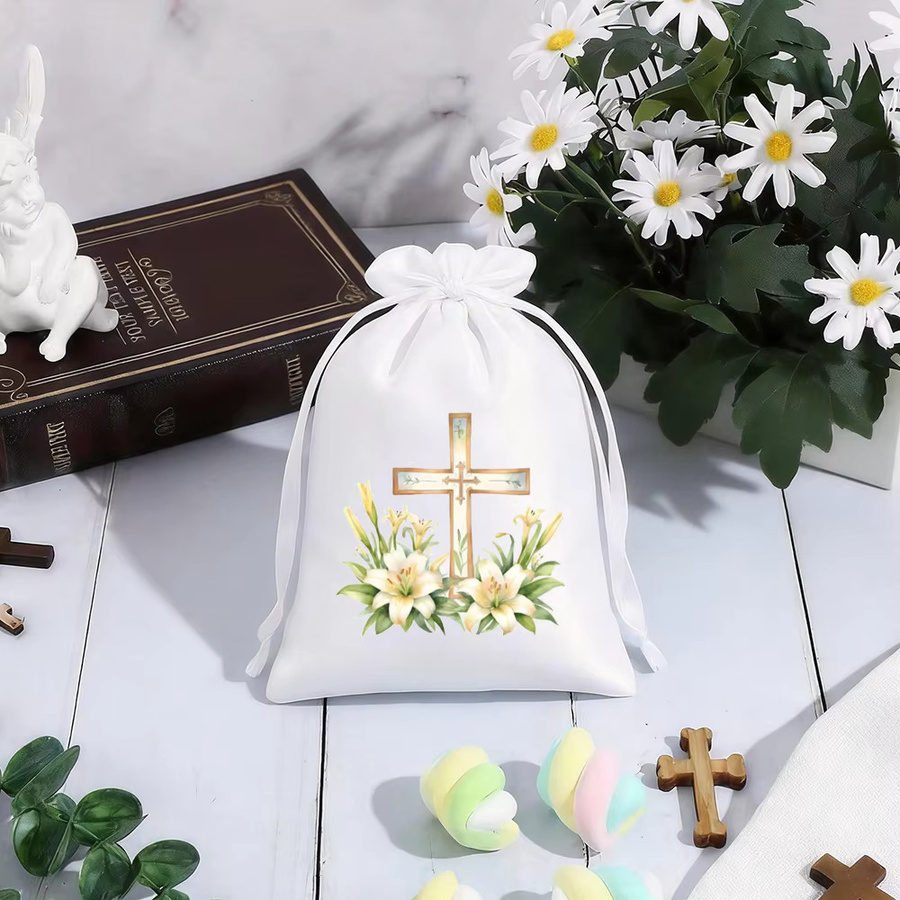 5 Stück weiße Kreuz-Geschenktüten mit Kordelzug für Taufe und Erstkommunion - Bild 3