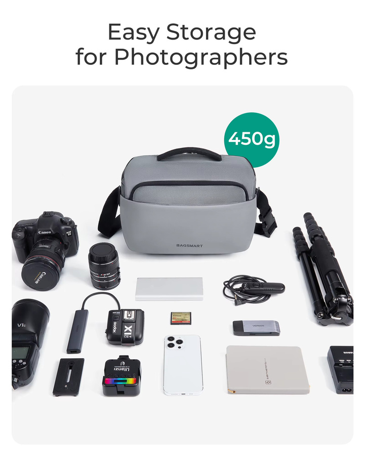 BAGSMART Kamera-Umhängetasche für Fotografen mit Stativhalter und Regenschutz, wasserdichte DSLR- und spiegellose Kameratasche in Schwarz oder Grau - Bild 2