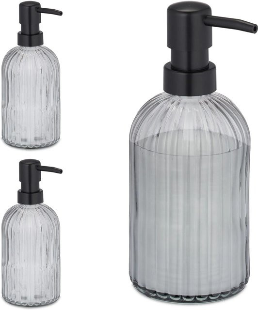 Relaxdays Seifenspender 3er Set aus Glas in Transparent mit schwarzem Akzent, B/T/H: 19 x 9 x 7 cm - Bild 1