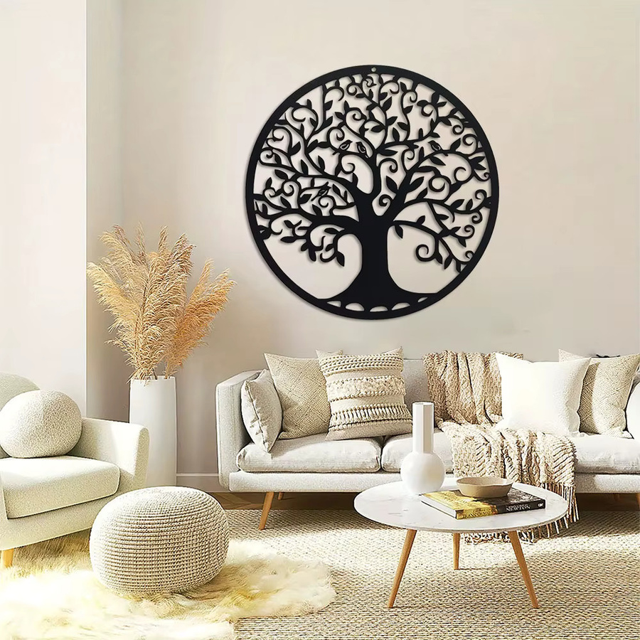 DDPNKL Baum des Lebens Wandkunst aus Metall in Schwarz, Florale Wanddekoration mit Blättern, Durchmesser: 27,9 cm - Bild 2