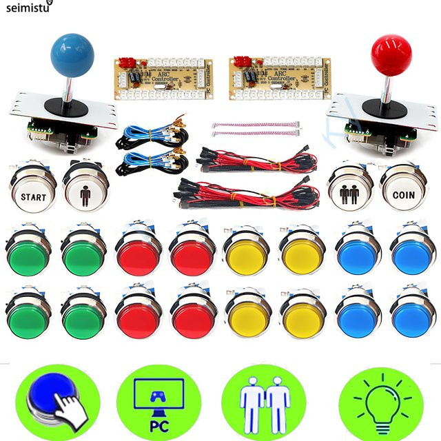 Seimistu DIY-Arcade-Spiel-Set für 2 Spieler mit Druckknopf-Joysticks im amerikanischen Stil, USB-Encoder-Kabel, grün/mehrfarbig, kompatibel mit PC und Raspberry Pi - Bild 1