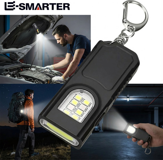 ESMARTER Mini-Taschenlampe als Schlüsselanhänger mit USB-Ladefunktion, LED COB Arbeitslicht in Schwarz - Bild 1