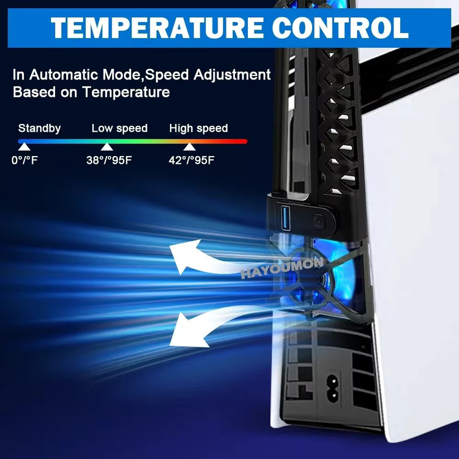 HeroAngel Kühlventilator für PS5 Slim und PS5 Pro mit LED-Licht, 3 Stufen, USB 3.0 Hubs und Staubschutznetz, Schwarz - Bild 5