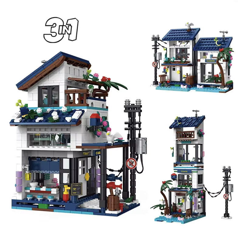 Neue Stadt 3 in 1 Strand Haus Gebäude Modell Set mit 813 Teilen, Mehrfarbiges MOC Bauklötze Set für Kinder und Erwachsene - Bild 4