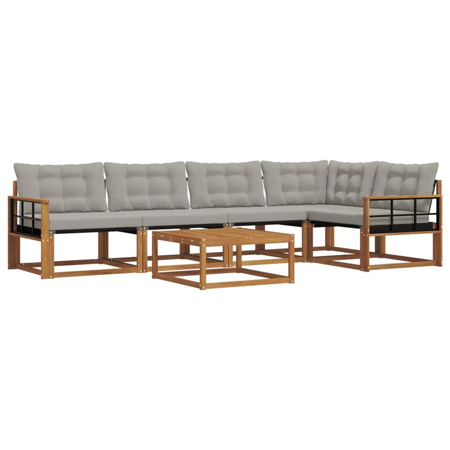 vidaXL Outdoor-Sofagarnitur 6-teilig L-Form aus Akazienholz und Textilene in Natur und Grau mit Kissen - Bild 2