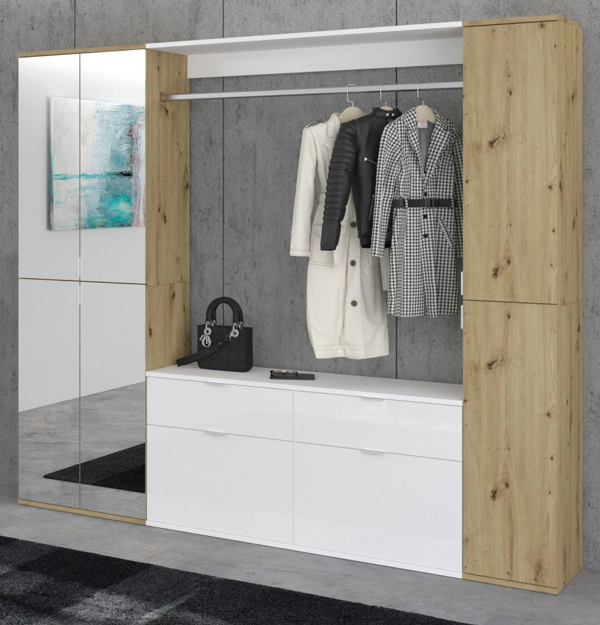 Garderobe mit Spiegel Line-Up in Eiche und Weiß Hochglanz B/H: 212 x 193 cm - Bild 1