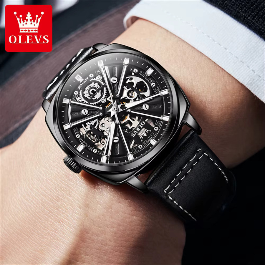 OLEVS Armbanduhr, Mechanisch, Handaufzug, Leder, Schwarz, Herren - Bild 3