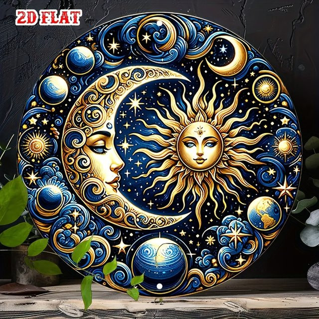 Potdemiel Vintage Metallschild Sonne und Mond im kosmischen Design, rundes Aluminium-Wandposter in Multicolour, Durchmesser: 20 cm - Bild 1