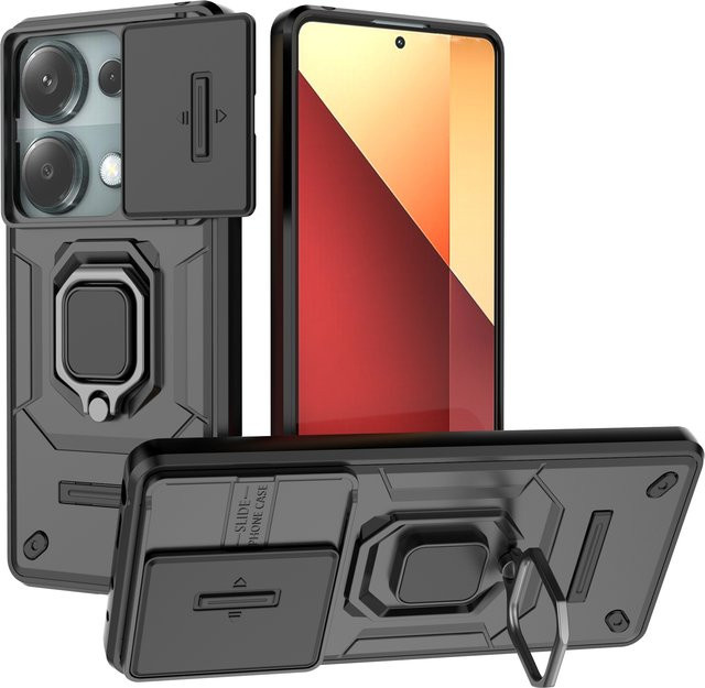 Xiaomi Redmi Note 13 Pro 4G Hülle mit Slide Windows Cover und Battle Ring Holder in Schwarz - Bild 1