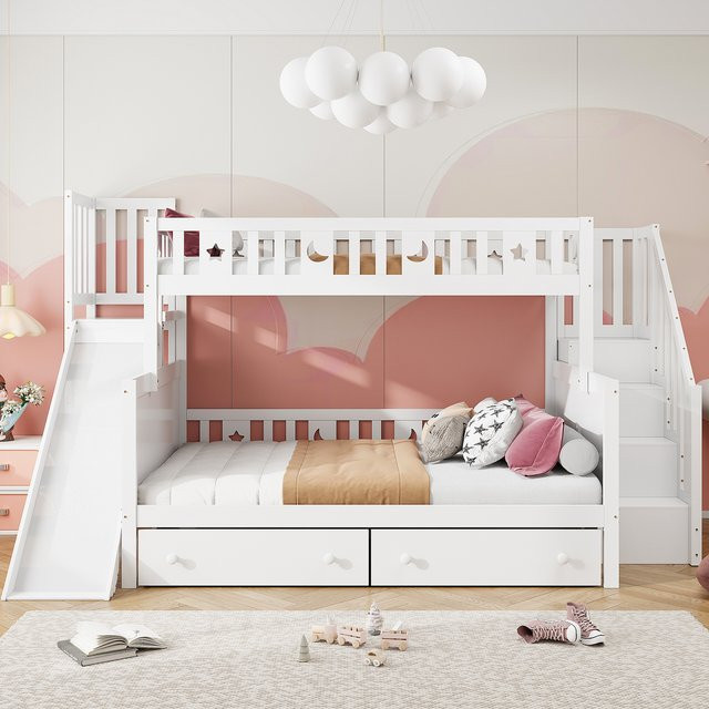 KOMHTOM Massivholz Etagenbett für Kinder in Weiß mit Sicherheitstreppe und zwei Schubladen, B/T/H: 90 x 200 cm oder 140 x 200 cm - Bild 1