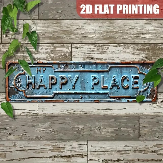 Vintage-Wandschild My Happy Place von HELLOYOUNG aus Aluminium in Blaugrün mit weißem Schriftzug, rechteckige Metall-Wanddekoration - Bild 1
