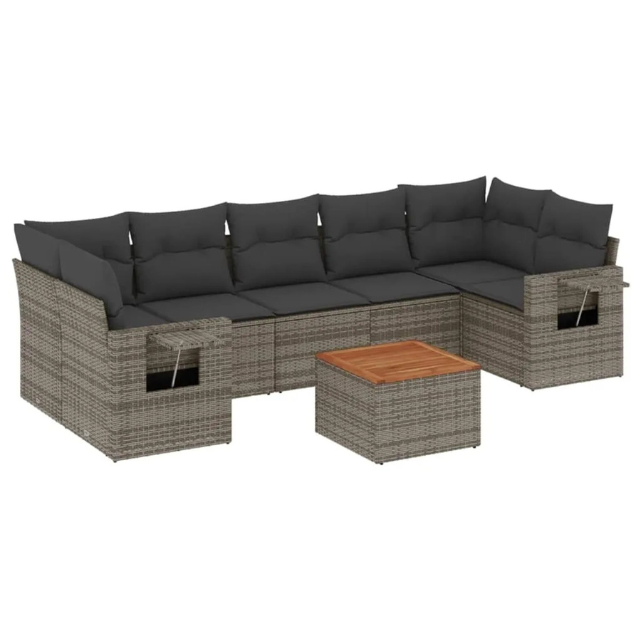 vidaXL 8-teilige Garten-Sofagarnitur in L-Form aus Polyrattan und Akazienholz mit Kissen in Grau - Bild 2