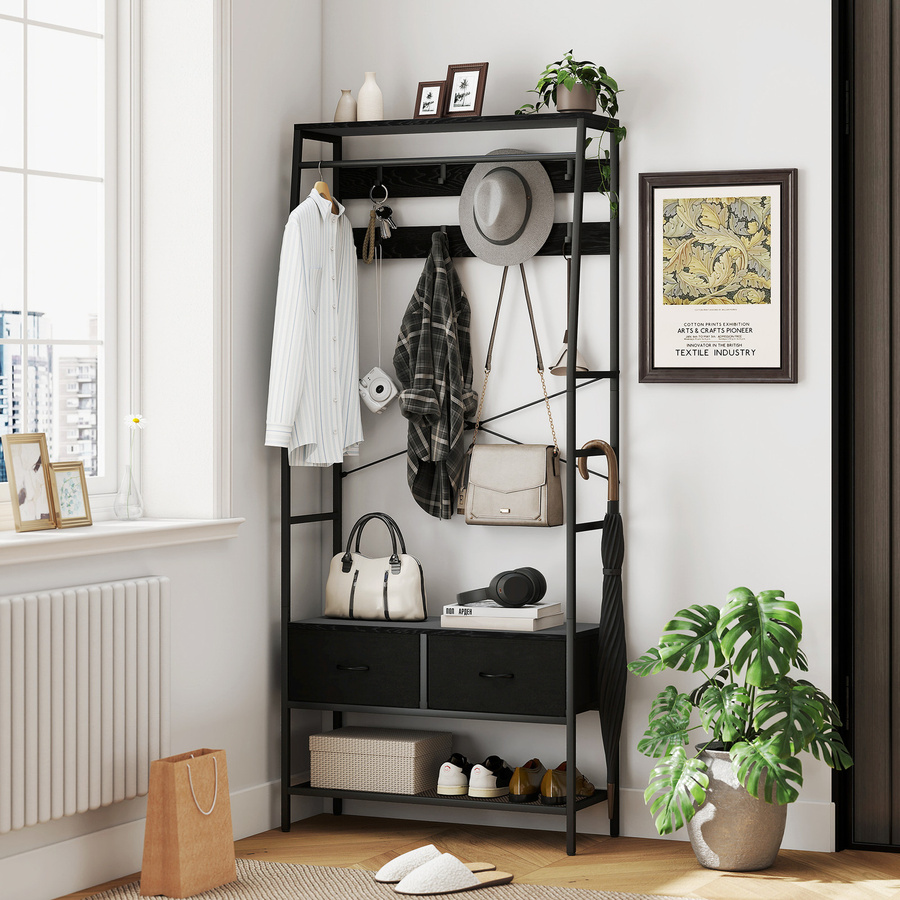 HOMCOM Garderobenständer Schwarz mit Schuhregal, 2 Stoff-Schubladen und 8 Haken für Flur und Schlafzimmer - Bild 2