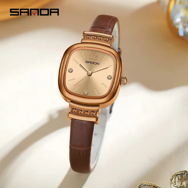 SANDA Armbanduhr, Eckig, Quarz, Leder, Diamant, Gold, Damen - Bild 2