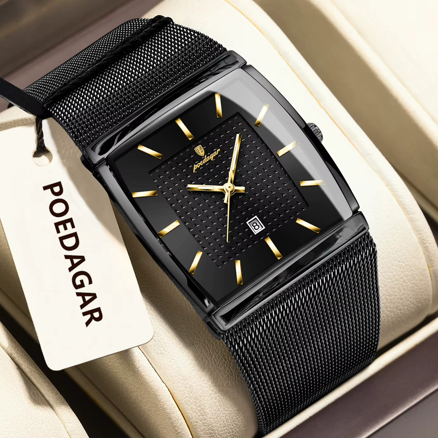 POEDAGAR Armbanduhr Quarz, Edelstahl, Schwarz, Silber, Herren - Bild 2