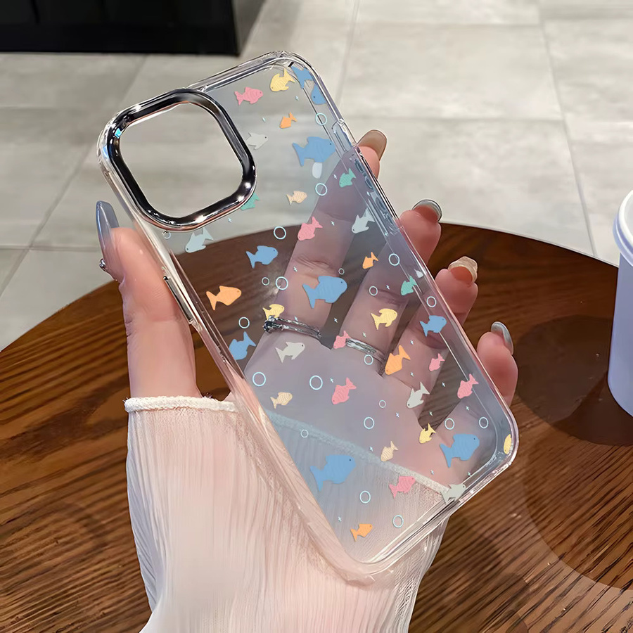 Stoßfeste Silikon-Handyhülle mit Blumenfisch-Design für Apple iPhone 17 Pro Max, 16, 15, 14, 13, 12, 11 in Silber mit Linsenrahmen - Bild 3