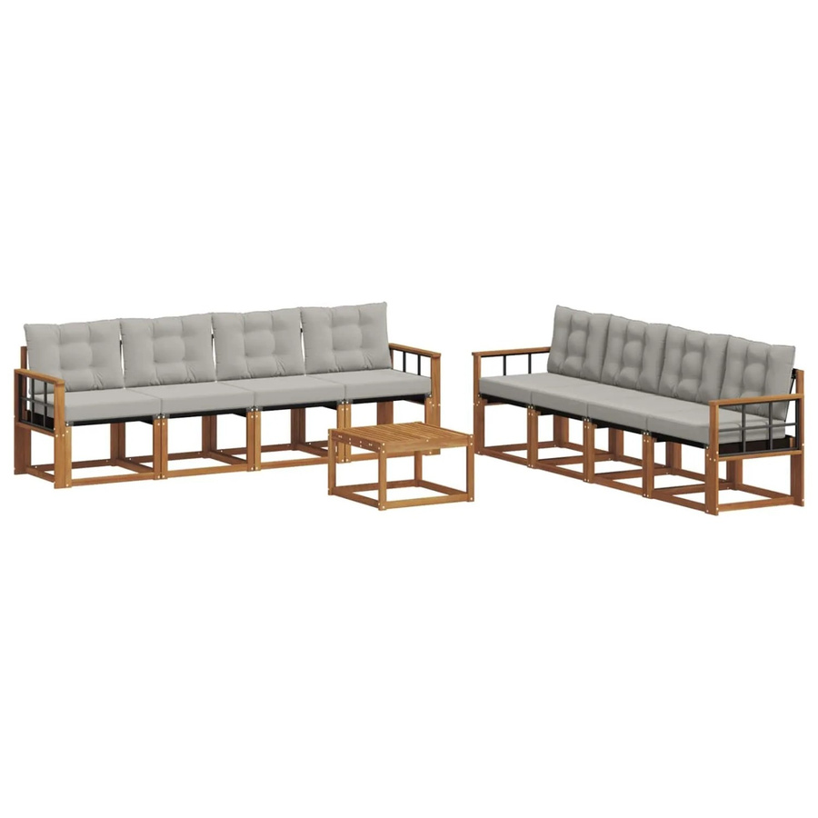 vidaXL Outdoor-Sofagarnitur 9-teilig aus Akazienholz und Textilene in Natur und Hellgrau mit Kissen und Tisch - Bild 2
