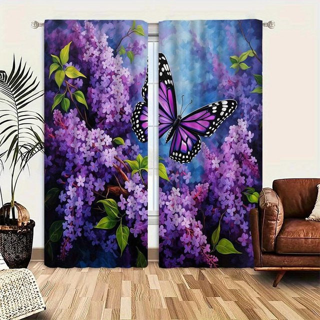 Vintage Jacquard Türvorhang mit Blumen- und Schmetterlingsdruck in Lila, Boho-Stil, halbtransparent, Polyester, B: 100 cm, H: 130 cm - Bild 1