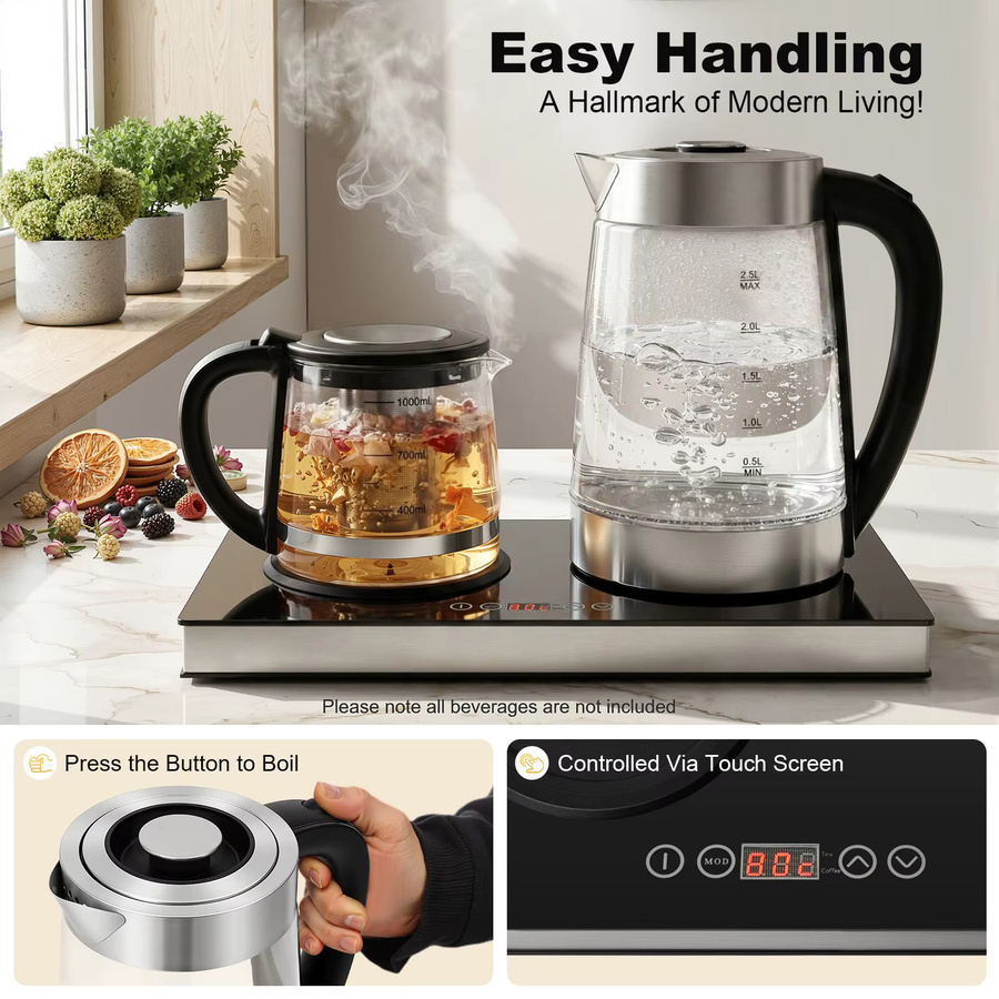 Bymaocar Glas-Teebereiter und Wasserkocher mit LCD-Display und Sensor-Touch-Bedienfeld, 1,8 kW, transparent/schwarz, 2,5 l + 1 l - Bild 1