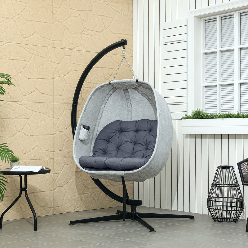Outsunny Eiförmiger Hängesessel mit Gestell und Sitzpolstern in Grau, Faltbare Hängeschaukel für Garten und Terrasse, B/H/L: 90 x 180 x 126 cm - Bild 2